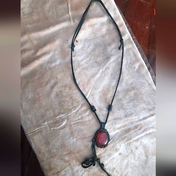 Minimalist Black Cord Necklace with Red Gemstone Pendant - Picture 2 of 8